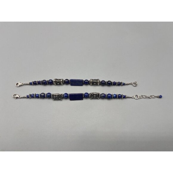Lapis Lazuli Bead Bracelet Sterling Silver Set of 2 Blue Stone Sphere Filigree - Picture 3 of 8